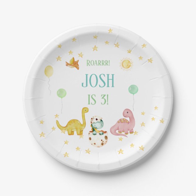 Dinosaur 3rd Birthday Kids Paper Plates (Front)
