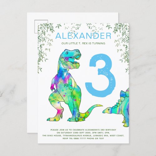 Dinosaur 3rd Birthday Party Blue Invitation Postcard