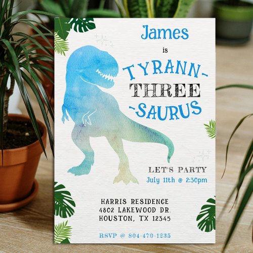 Dinosaur 3rd Birthday Party Blue Tyrannosaurus Rex Invitation