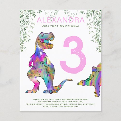 Dinosaur 3rd Birthday Party budget Invites pink Flyer