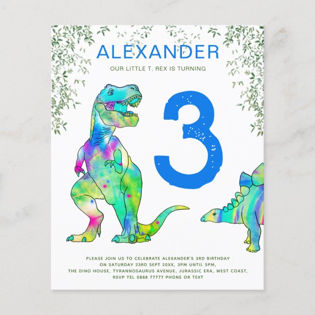 Dinosaur 3rd Birthday Party invites budget blue Flyer (Front)