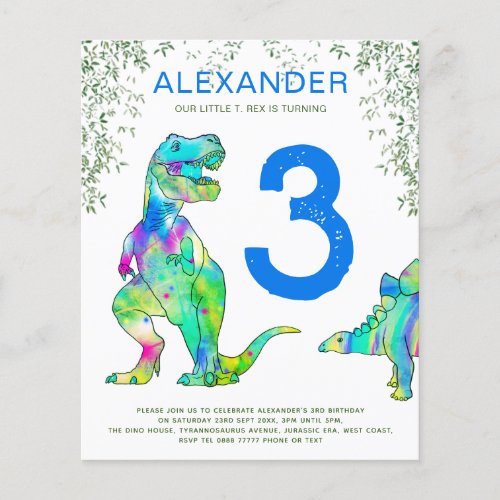 Dinosaur 3rd Birthday Party invites budget blue Flyer