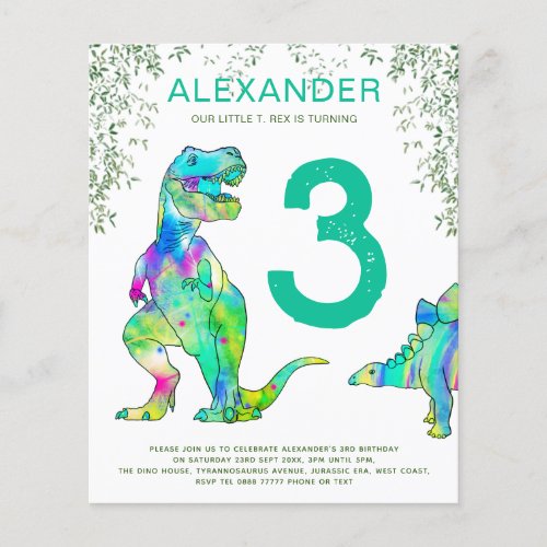 Dinosaur 3rd Birthday Party invites budget teal Flyer