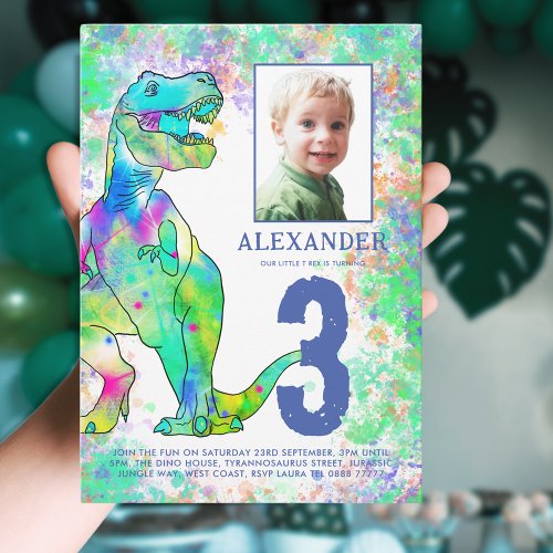 Dinosaur 3rd Birthday Party Photo Blue Invitation