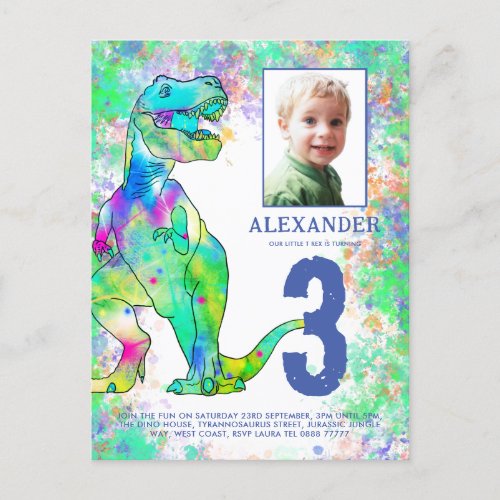 Dinosaur 3rd Birthday Party Photo Watercolor Invitation Postcard