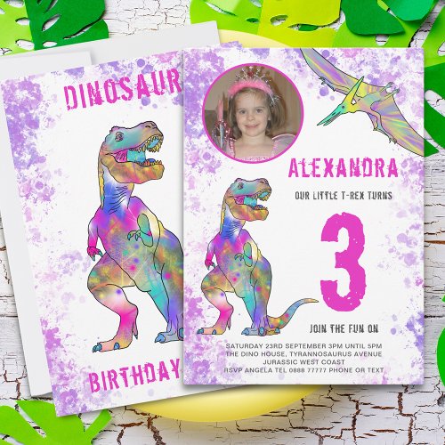 Dinosaur 3rd Birthday Party Pink Invitation