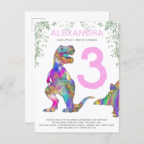 Dinosaur 3rd birthday Party pink Invitation Postcard