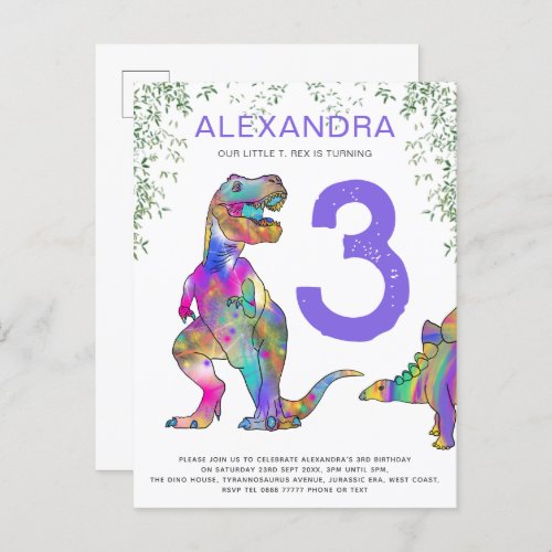 Dinosaur 3rd birthday Party purple budget Invitation Postcard