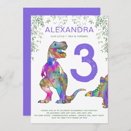 Dinosaur 3rd Birthday Party purple Invitation