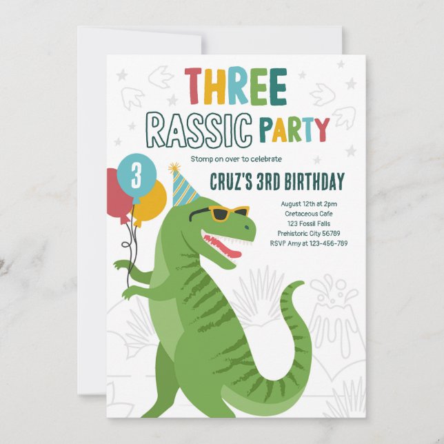 Dinosaur 3rd Birthday Party T-Rex 3rd Birthday Invitation (Front)