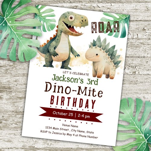 Dinosaur 3rd Birthday Watercolor Invitation