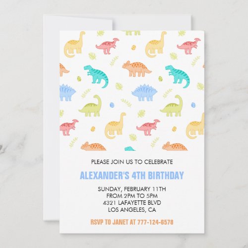 Dinosaur 4th birthday boy jungle kids t rex blue invitation