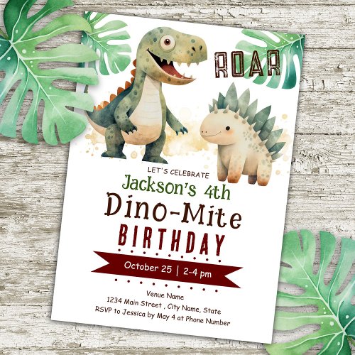 Dinosaur 4th Birthday Boy Watercolor Invitation
