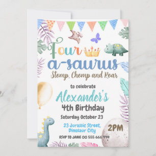 Dinosaur 4th Birthday Four-A-Saurus Party Invitation