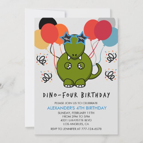 Dinosaur 4th birthday Funny  kids balloons t rex Invitation