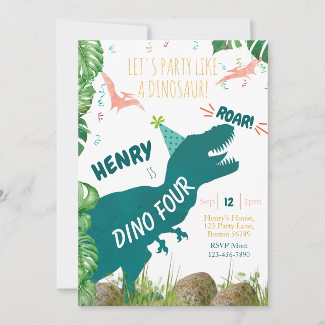  Dinosaur 4th Birthday Invitation Dino Four TRex  (Front)
