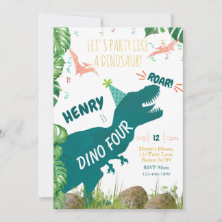 Dinosaur 4th Birthday Invitation Dino Four TRex
