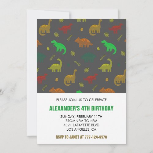 Dinosaur 4th birthday invitation kids jungle t rex