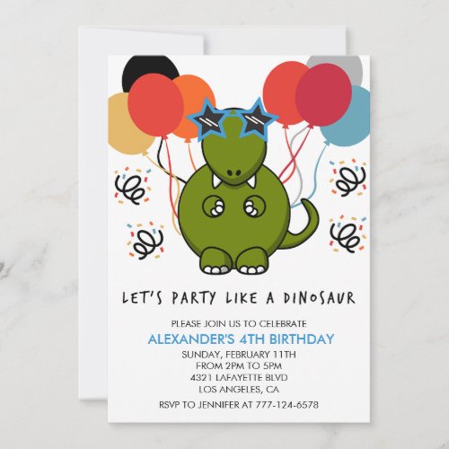Dinosaur 4th birthday invitations Cute t rex kids