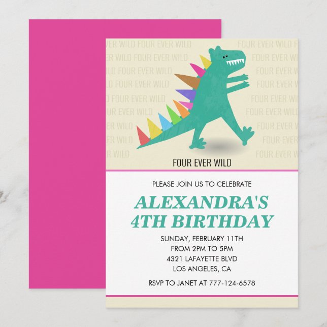 Dinosaur 4th birthday invitations Girl pink  (Front/Back)