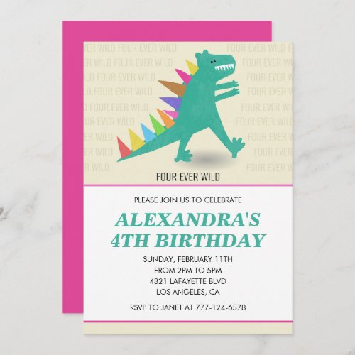 Dinosaur 4th birthday invitations Girl pink 