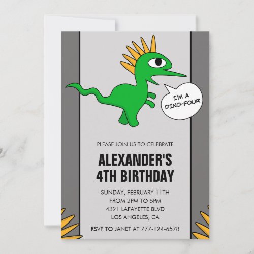 Dinosaur 4th birthday invitations T rex green kids