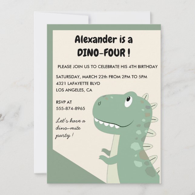 Dinosaur 4th birthday invitations t rex green kids (Front)