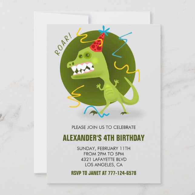 Dinosaur 4th birthday invitations t rex kids cute (Front)