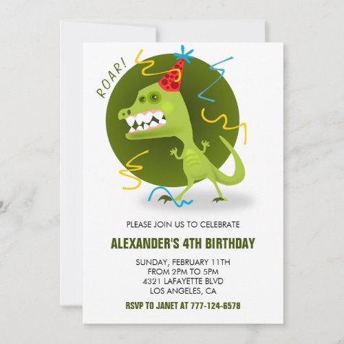 Dinosaur 4th birthday invitations t rex kids green