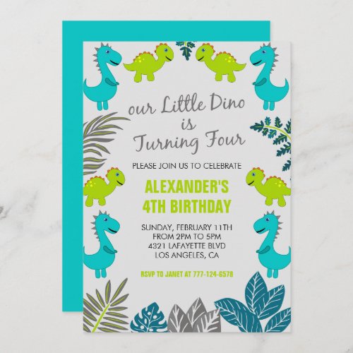 Dinosaur 4th birthday jungle green cute t rex invitation