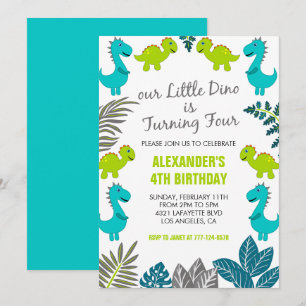 Dinosaur 4th birthday jungle green dino t rex invitation
