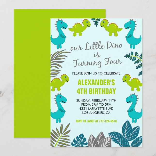 Dinosaur 4th birthday jungle kids green  t rex invitation (Front/Back)