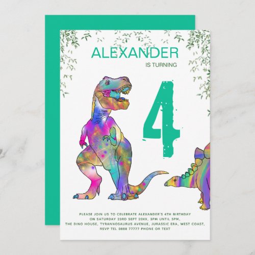 Dinosaur 4th Birthday jungle Party Invitation