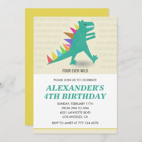 Dinosaur 4th birthday Kids Colorful t rex Invitation