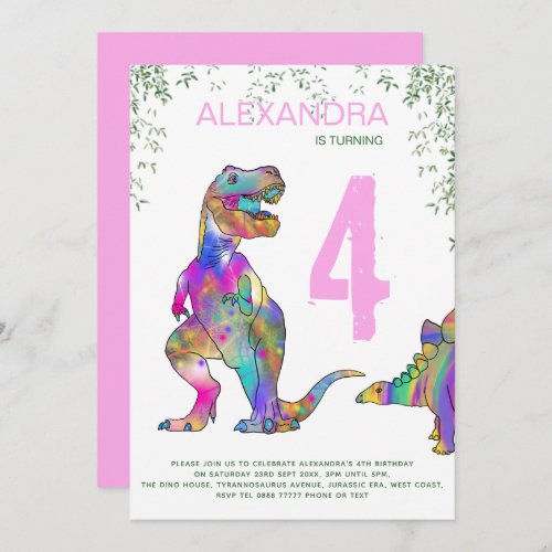 Dinosaur 4th Birthday Party for Girls pink Invitation