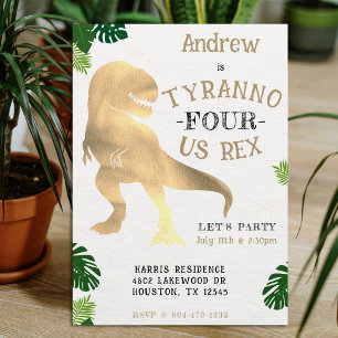 Dinosaur 4th Birthday Party Gold Tyrannosaurus Rex Invitation