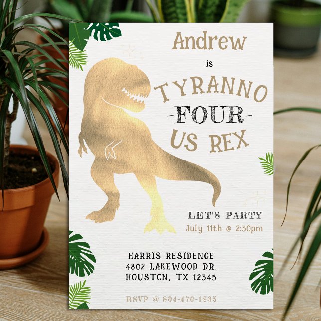 Dinosaur 4th Birthday Party Gold Tyrannosaurus Rex Invitation (Dinosaur 4th Birthday Party Gold Tyrannosaurus Rex Invitation
)