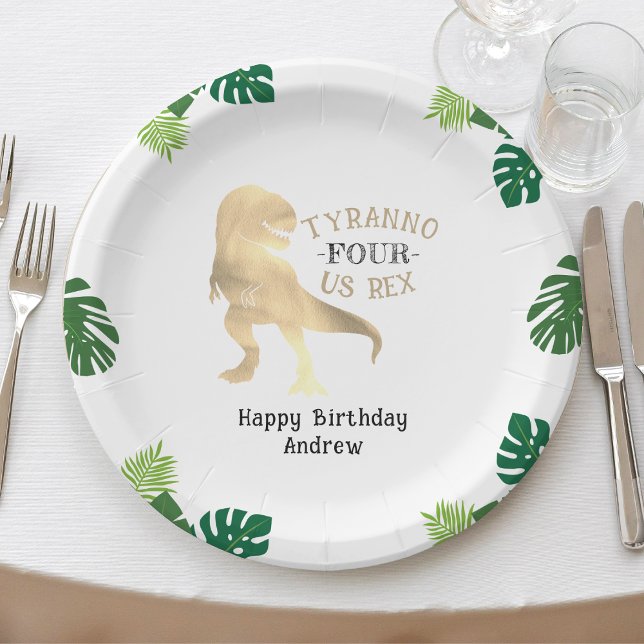 Dinosaur 4th Birthday Party Gold Tyrannosaurus Rex Paper Plates (Creator Uploaded)