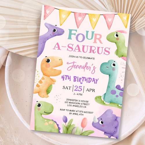 Dinosaur 4th Birthday Pink Cute Four A_Saurus Invitation