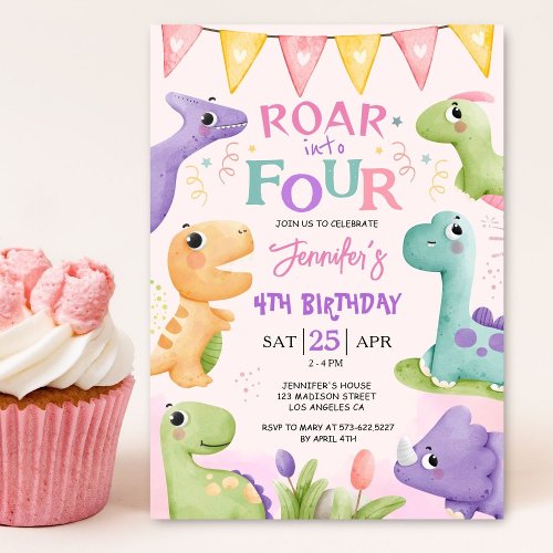 Dinosaur 4th Birthday Pink Cute Roar Into Four  Invitation