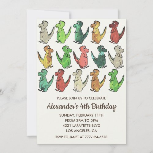 Dinosaur 4th birthday t rex kids rainbow invitation