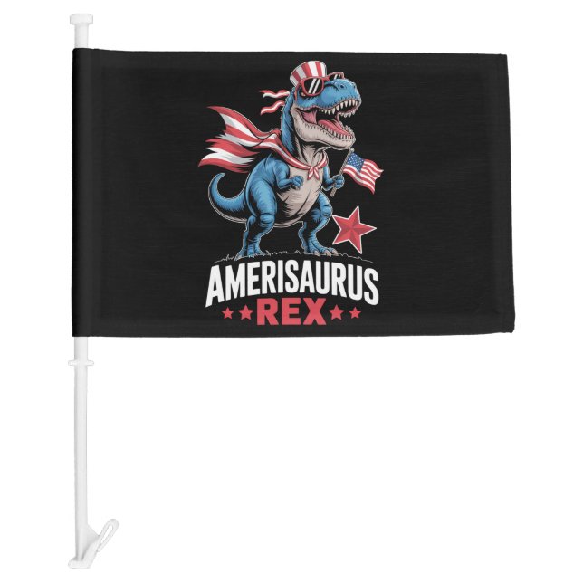 Dinosaur 4th of July Amerisaurus T Rex Funny Car Flag (Front)