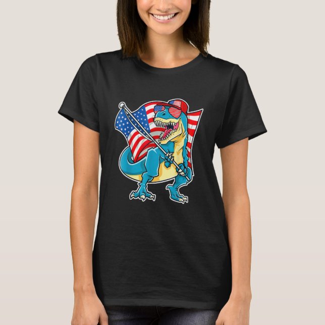 Dinosaur 4th Of July Boys Rex American Flag USA T-Shirt (Front)
