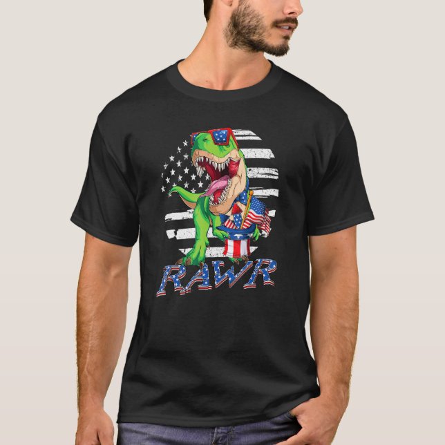 Dinosaur 4th Of July Boys T Rex American Flag Usa T-Shirt (Front)