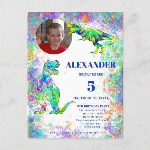 Dinosaur 5th Birthday Colorful T Rex Photo Invitat Invitation Postcard