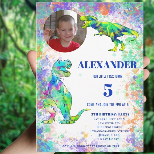 Dinosaur 5th Birthday Colorful T Rex Photo Invitation