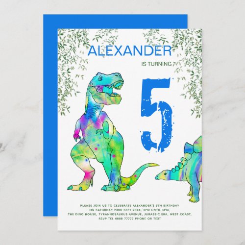 Dinosaur 5th Birthday Party blue Invitation