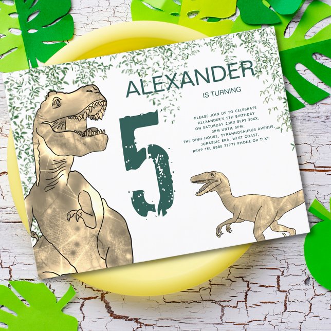 Dinosaur 5th Birthday Party budget Invitation Postcard (Dinosaur jungle T-Rex and Velociraptor 5th birthday party budget invitation for dino lovers)