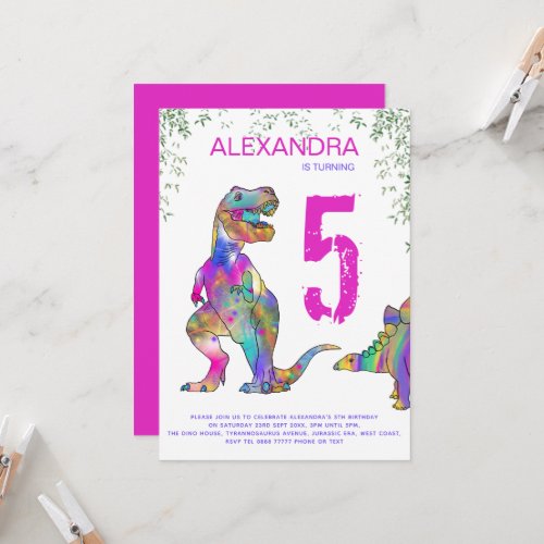 Dinosaur 5th Birthday Party for Girls Invitation
