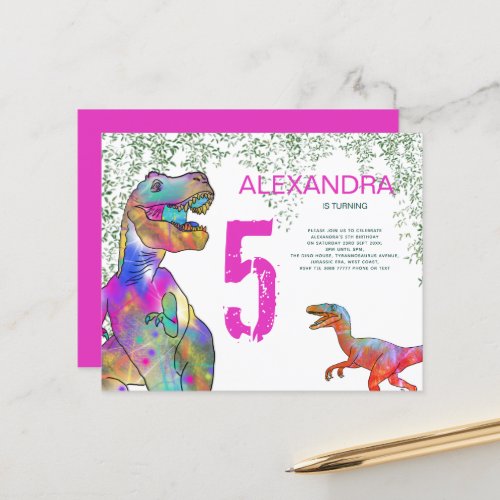 Dinosaur 5th Birthday Party pink budget Invitation